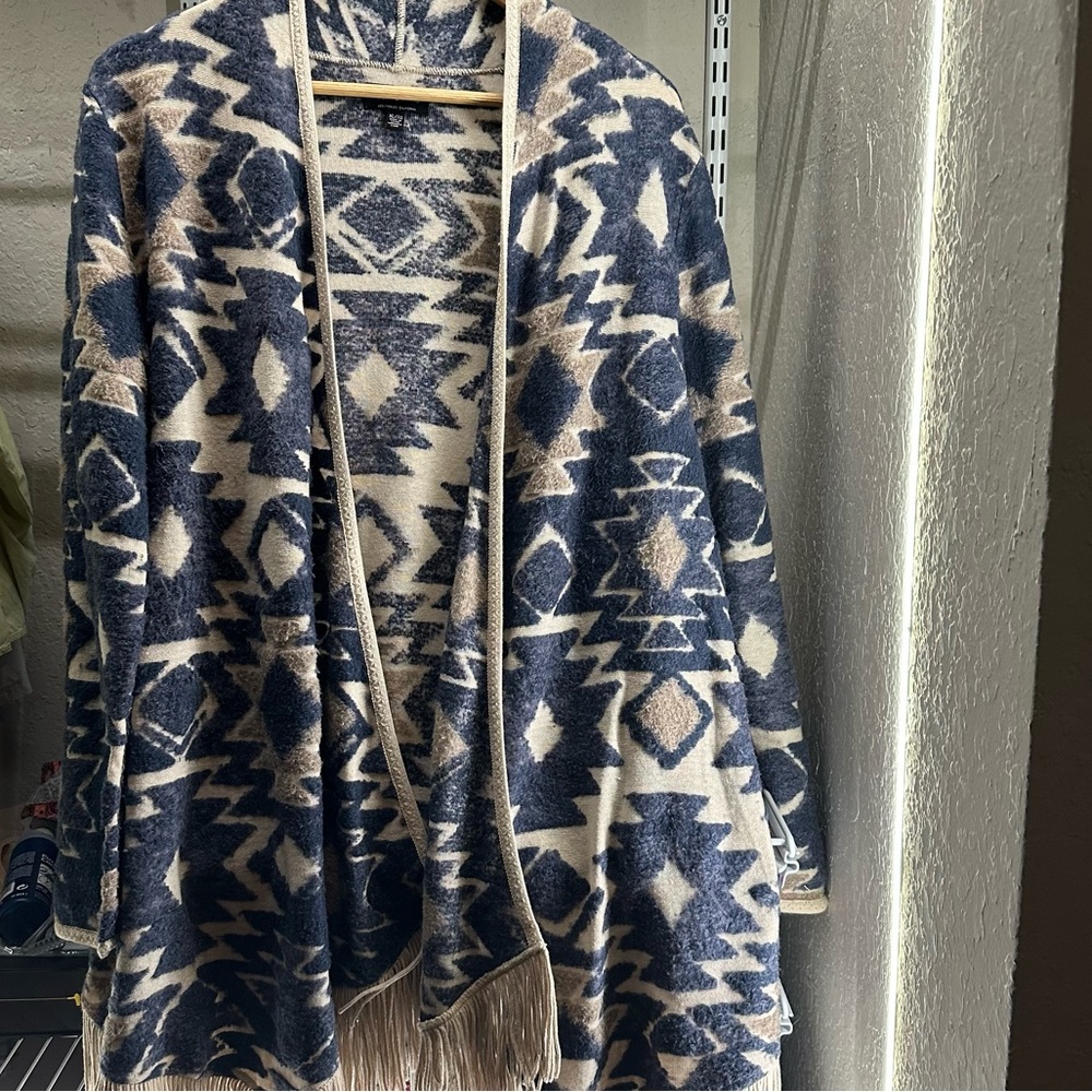 Lucky Brand Southwestern Blue Aztec Fringe Cardigan Sweater Open Front